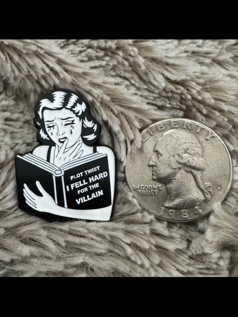 Plot Twist I Fell HARD for the Villain Retro Enamel Pin - Black and White